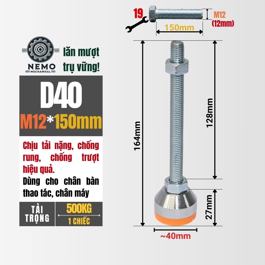 Chân Tăng Chỉnh Chịu Tải Nặng – Bát Thép Mạ Crom, Chịu Lực 1.5 Tấn (M10, M12)